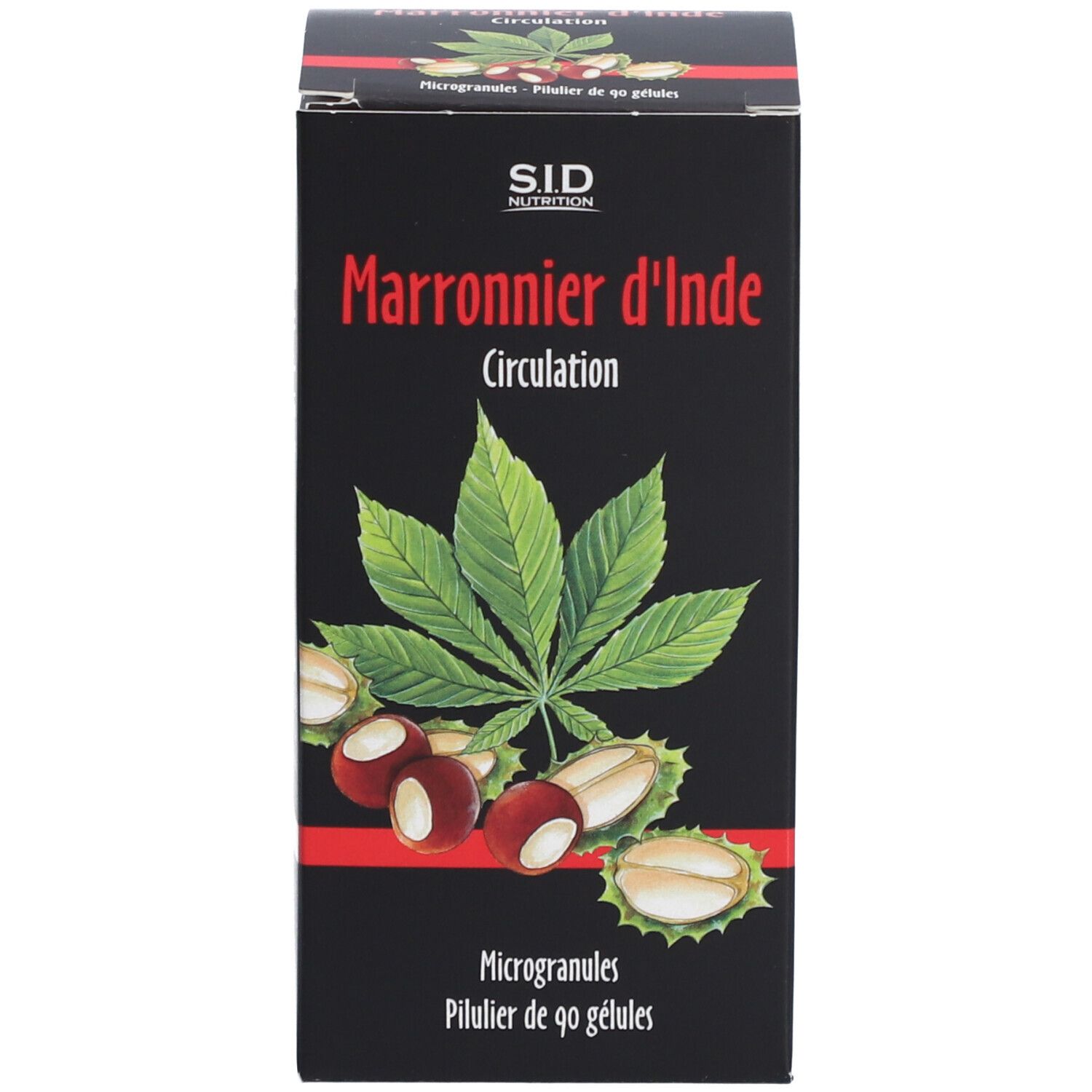 Boîte noire. Inscription: Marronnier d'Inde Circulation. SID Nutrition. 90 gélules. Illustration de marrons.