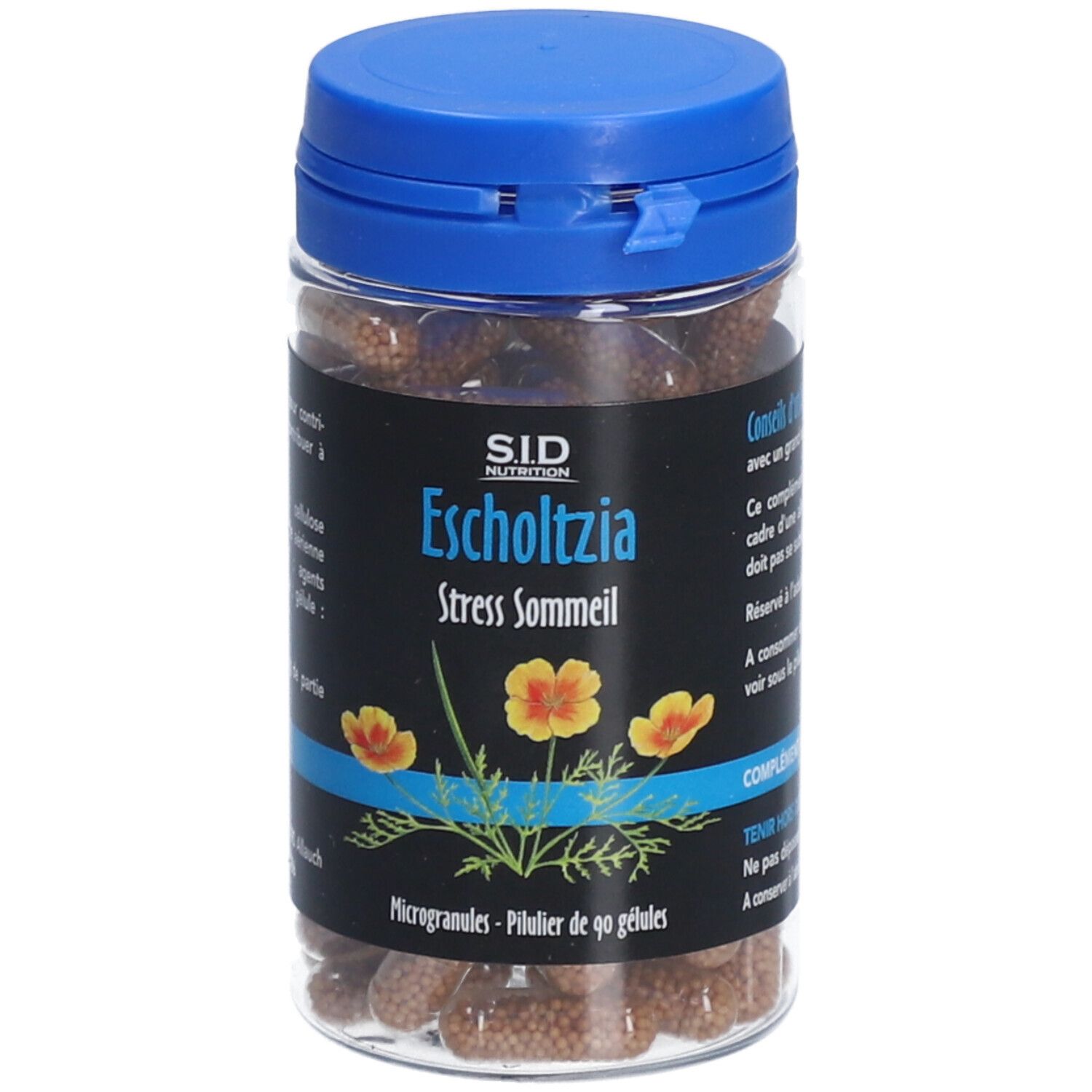 Flacon transparent, bouchon bleu, gélules marron. Étiquette: SID Nutrition Escholtzia Stress Sommeil. Illustration de fleurs jaunes.