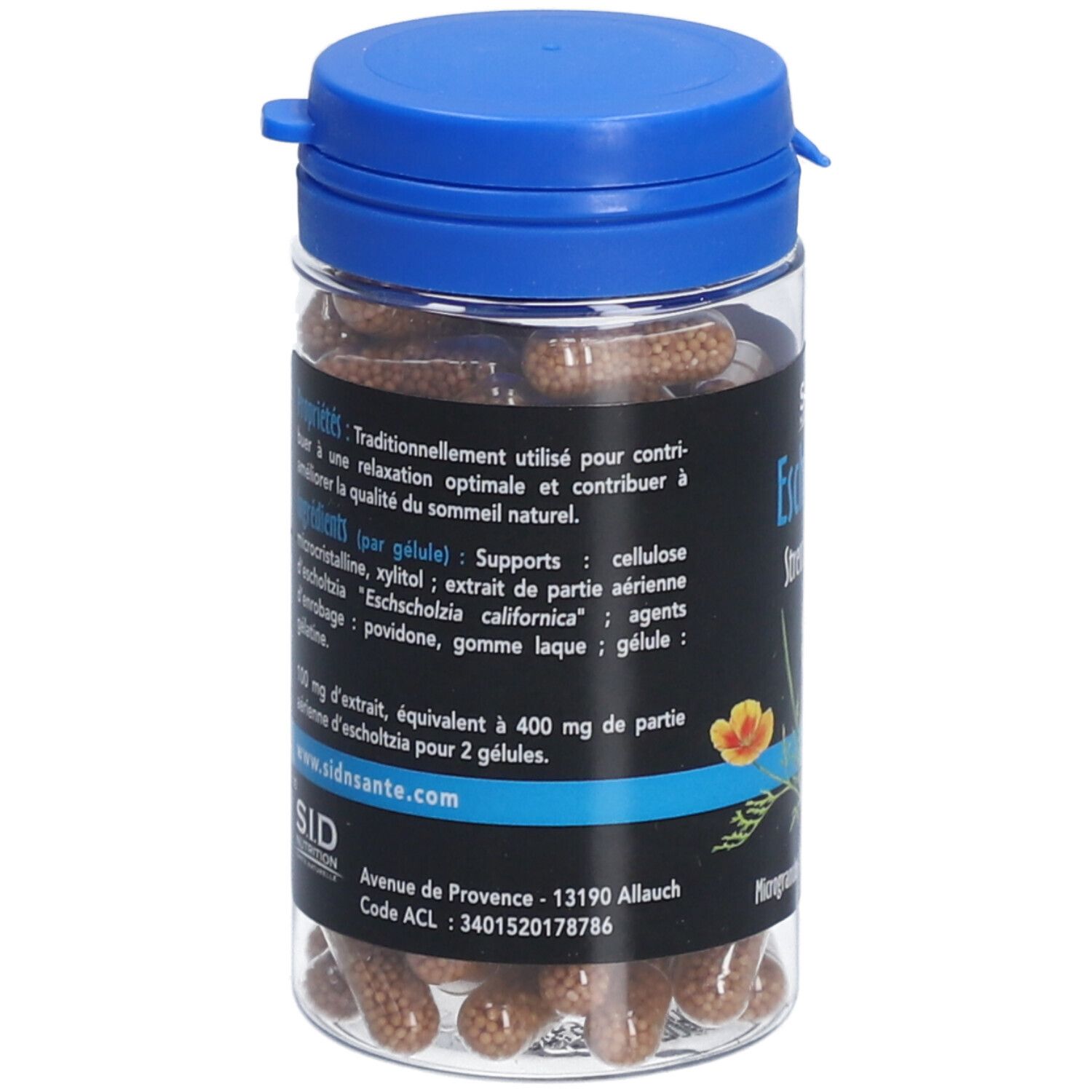Flacon transparent, bouchon bleu. Dos avec informations produit. Texte: SID Nutrition, Escholtzia Stress Sommeil. Ingrédients.