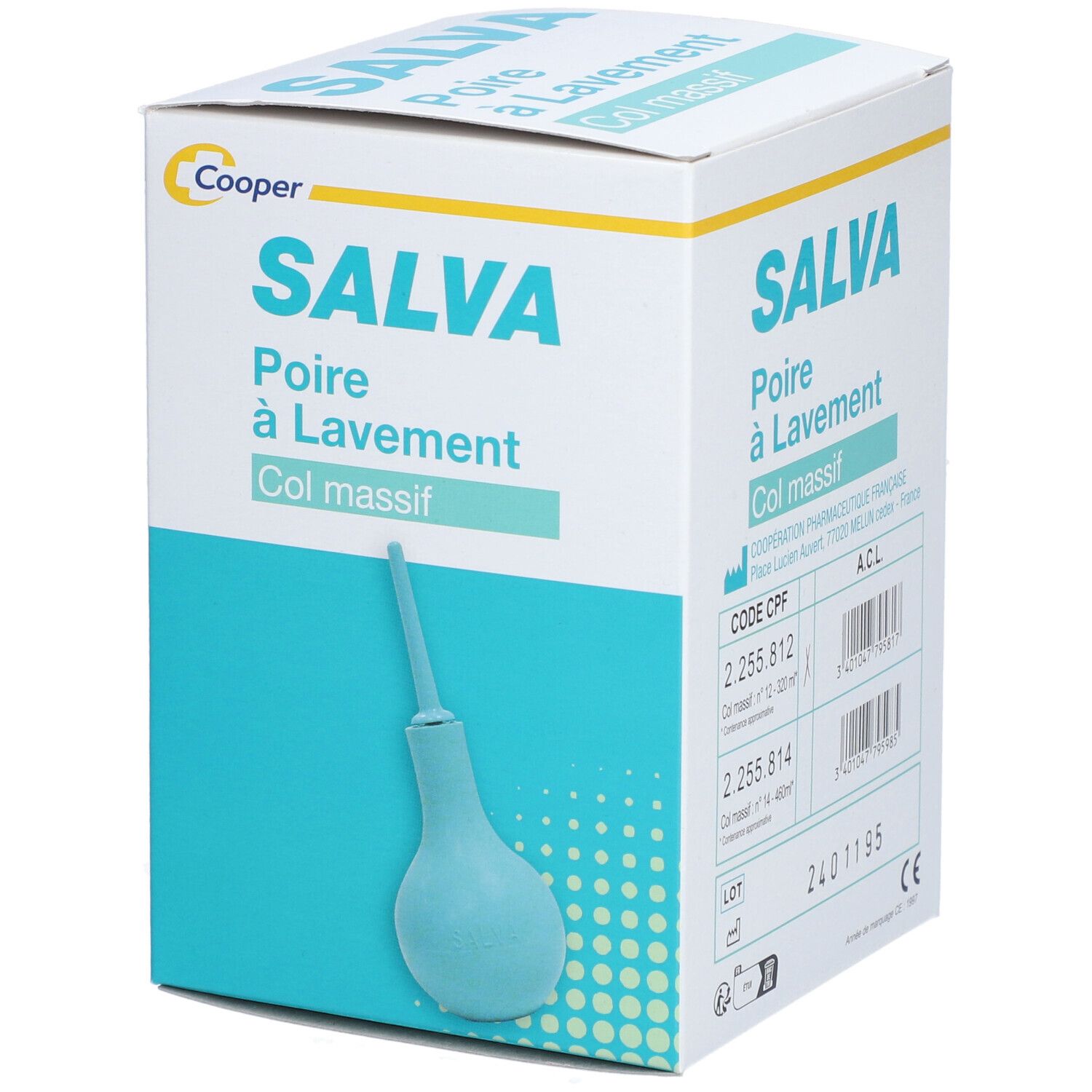Boîte SALVA, Poire à Lavement, Col massif. Marque Cooper. Poire à lavement bleu clair. Codes et code-barres.