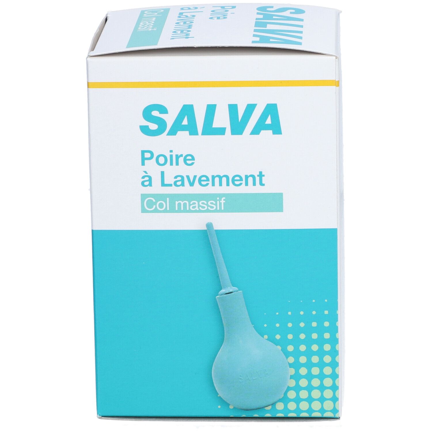 Boîte SALVA, Poire à Lavement, Col massif. Poire à lavement bleu clair. Nom et description du produit.