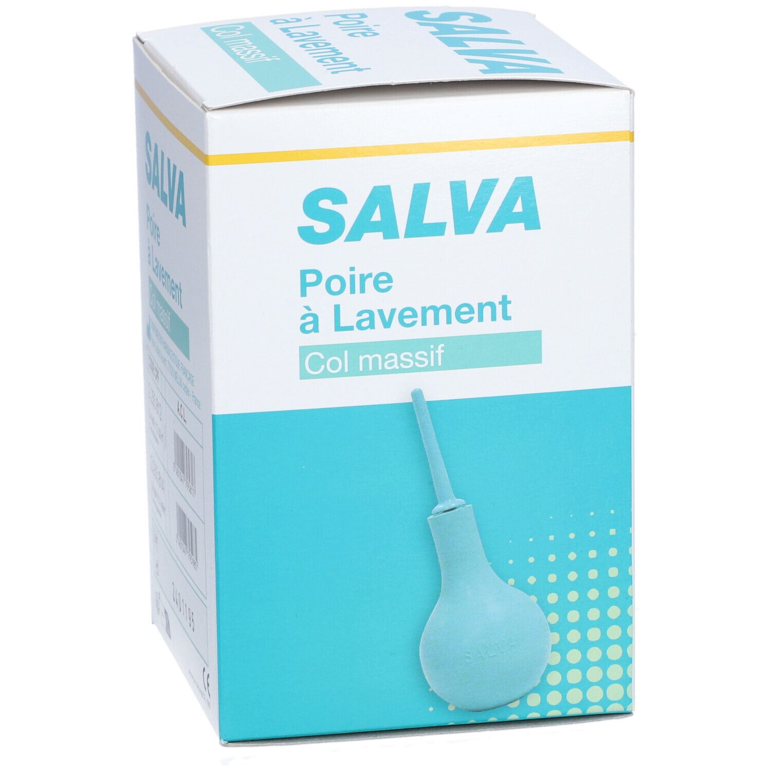Boîte SALVA, Poire à Lavement, Col massif. Poire à lavement bleu clair. Nom et description du produit.