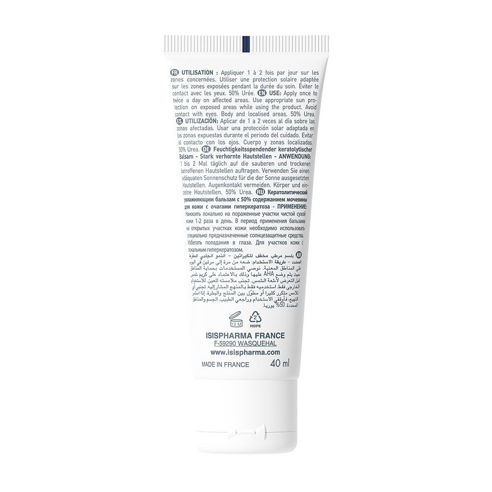 Rückseite der Tube mit Text in mehreren Sprachen. Enthält Informationen zu Anwendung und Inhaltsstoffen. 40 ml.