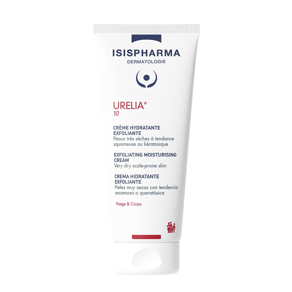 Weiße Tube mit blauer und roter Beschriftung. Enthält Creme. Aufschrift: Urelia 10, Creme hydratante exfoliante.