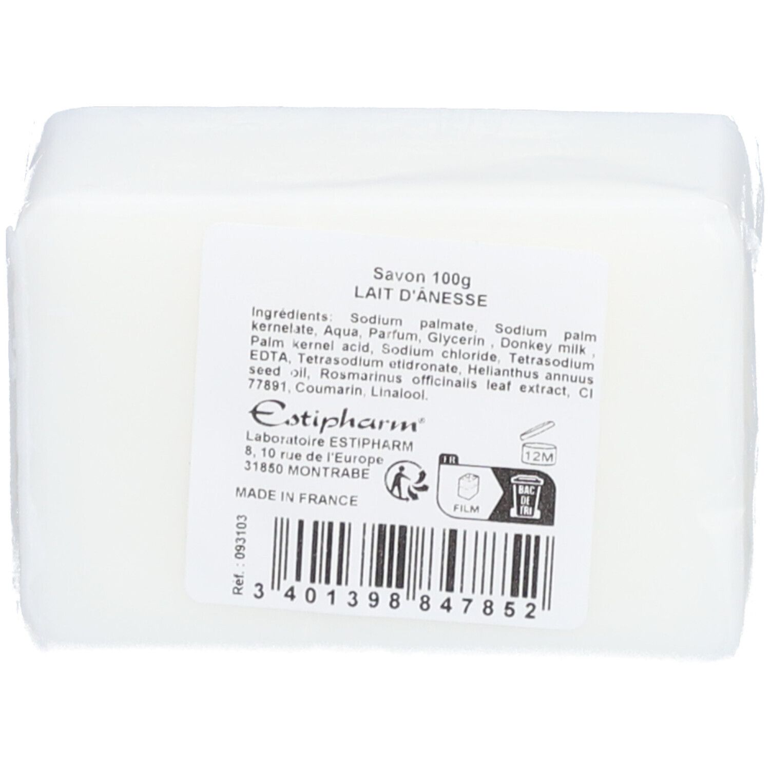 Rechteckige Seife mit Etikett. Text: Savon 100g Lait d'ânesse. Marke: Estipharm.