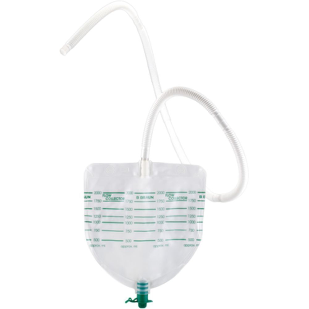 Poche transparente avec échelle graduée verte et tube blanc. Robinet vert en bas.