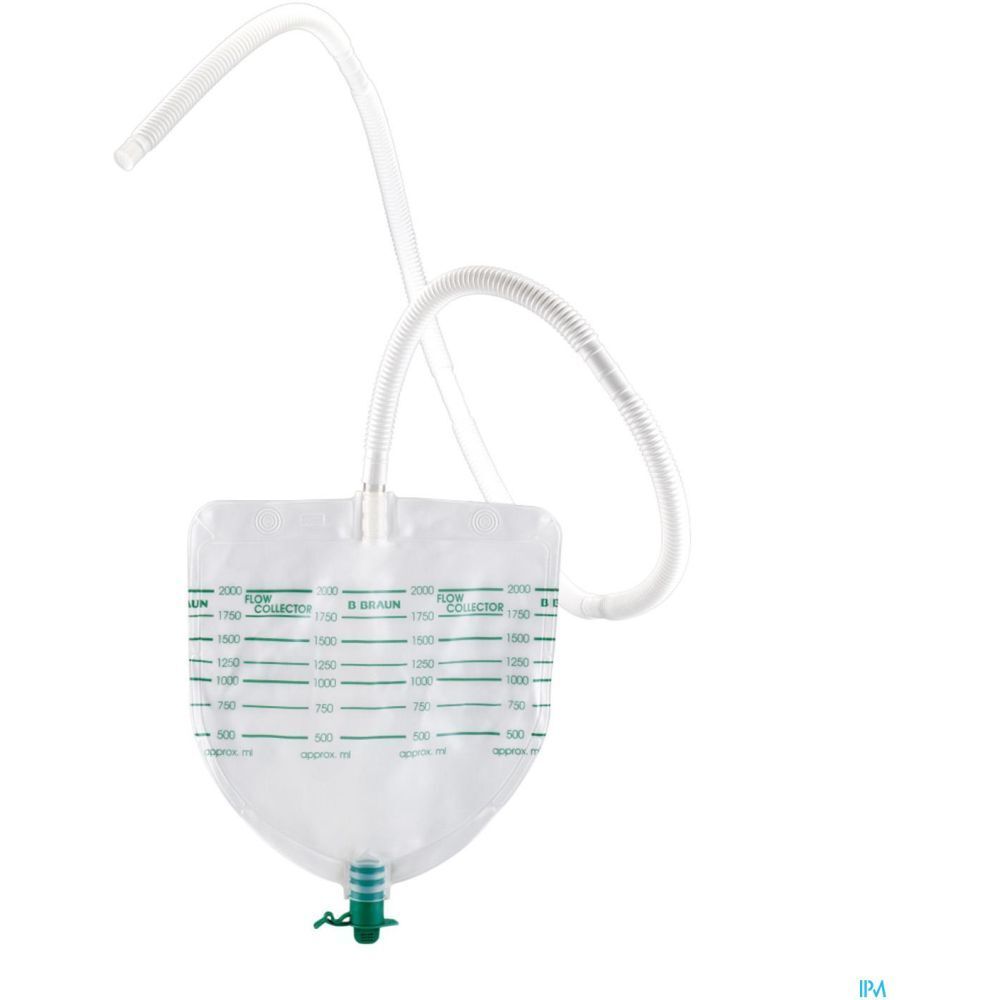 Poche transparente avec échelle graduée verte et tube blanc. Robinet vert en bas.