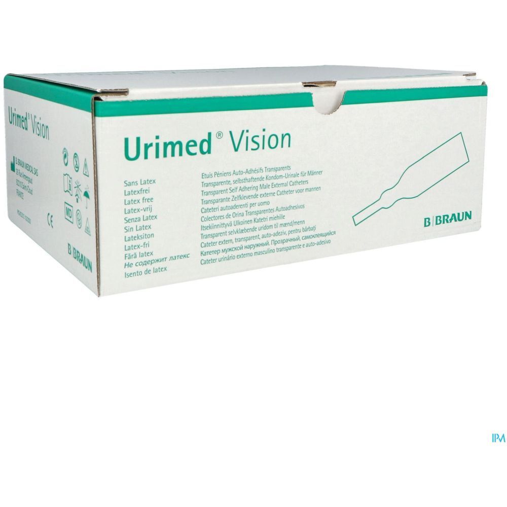 Boîte Urimed Vision. Inscription: Urimed Vision, B. Braun. Contient des cathéters externes transparents auto-adhésifs. Vue en angle.