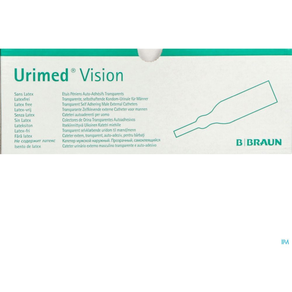 Boîte Urimed Vision. Inscription: Urimed Vision, B. Braun. Contient des cathéters externes transparents auto-adhésifs.