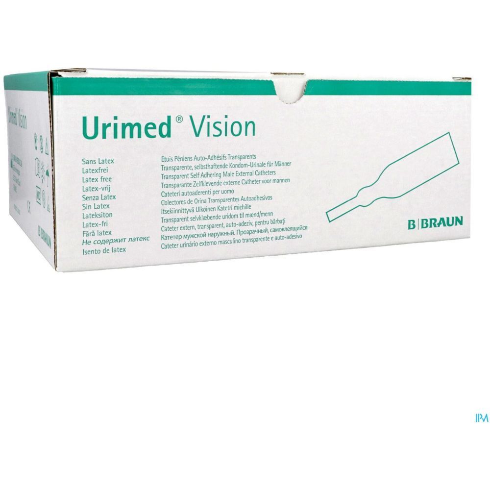 Boîte Urimed Vision en biais. Texte: Sans Latex, Latex free, etc. Logo B. Braun.