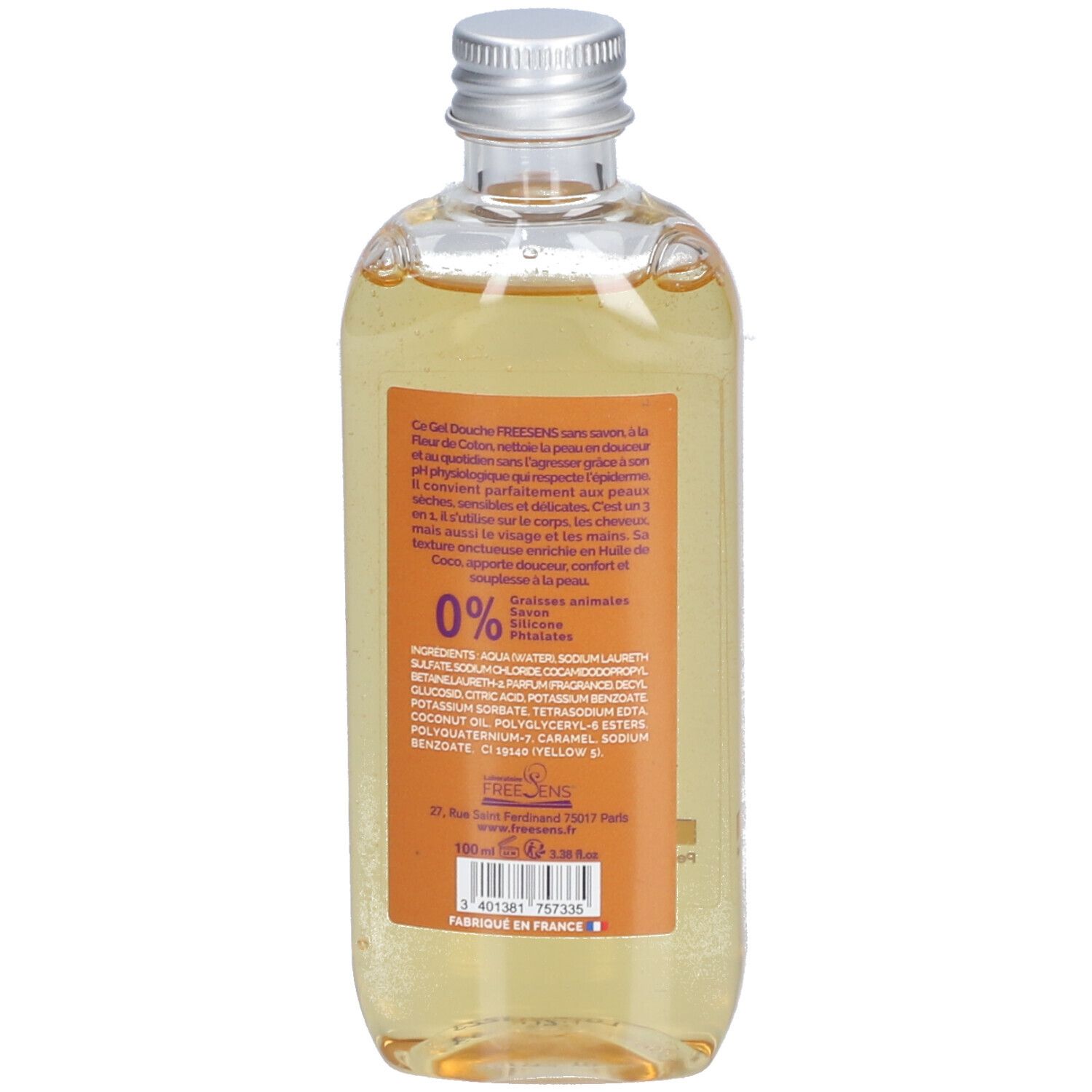 Dos du flacon de gel douche. Étiquette jaune avec texte et ingrédients. Bouchon argenté.
