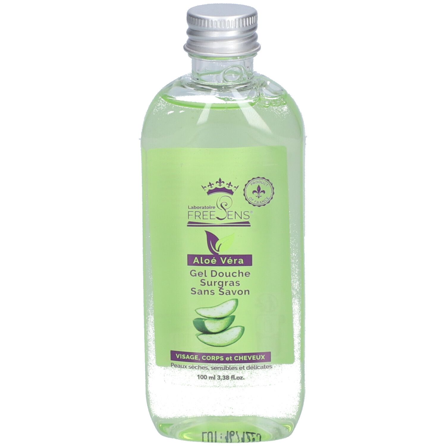 Transparante fles met groen gel. Etiket met Aloe Vera, productnaam en logo. Zilveren schroefdop.