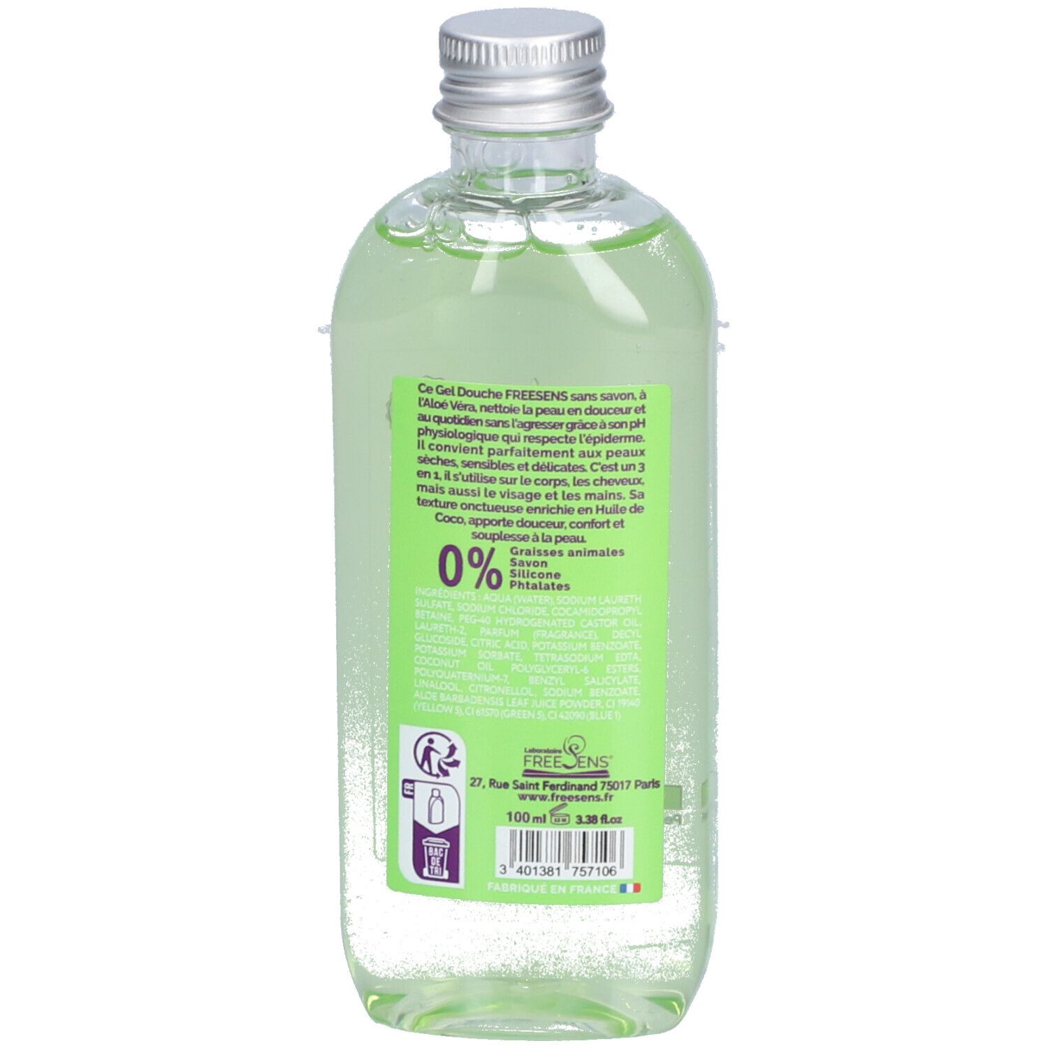 Achterkant van de fles. Tekst op groen etiket. Bevat informatie over het product en ingrediënten.