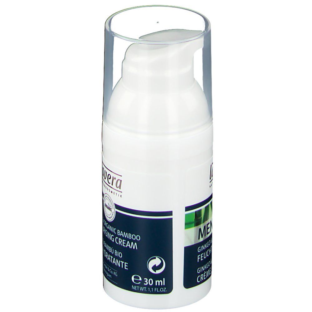 Weiße Creme-Flasche mit transparentem Deckel. Aufschrift: lavera, Ginkgo & Organic Bamboo Moisturising Cream, Crema Idratante.