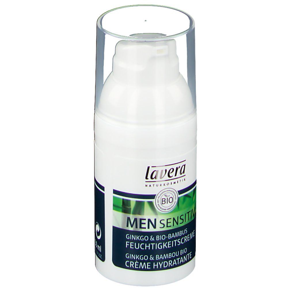 Weiße Creme-Flasche mit transparentem Deckel. Aufschrift: lavera, MEN SENSITIV, Ginkgo & Bio-Bambus Feuchtigkeitscreme.