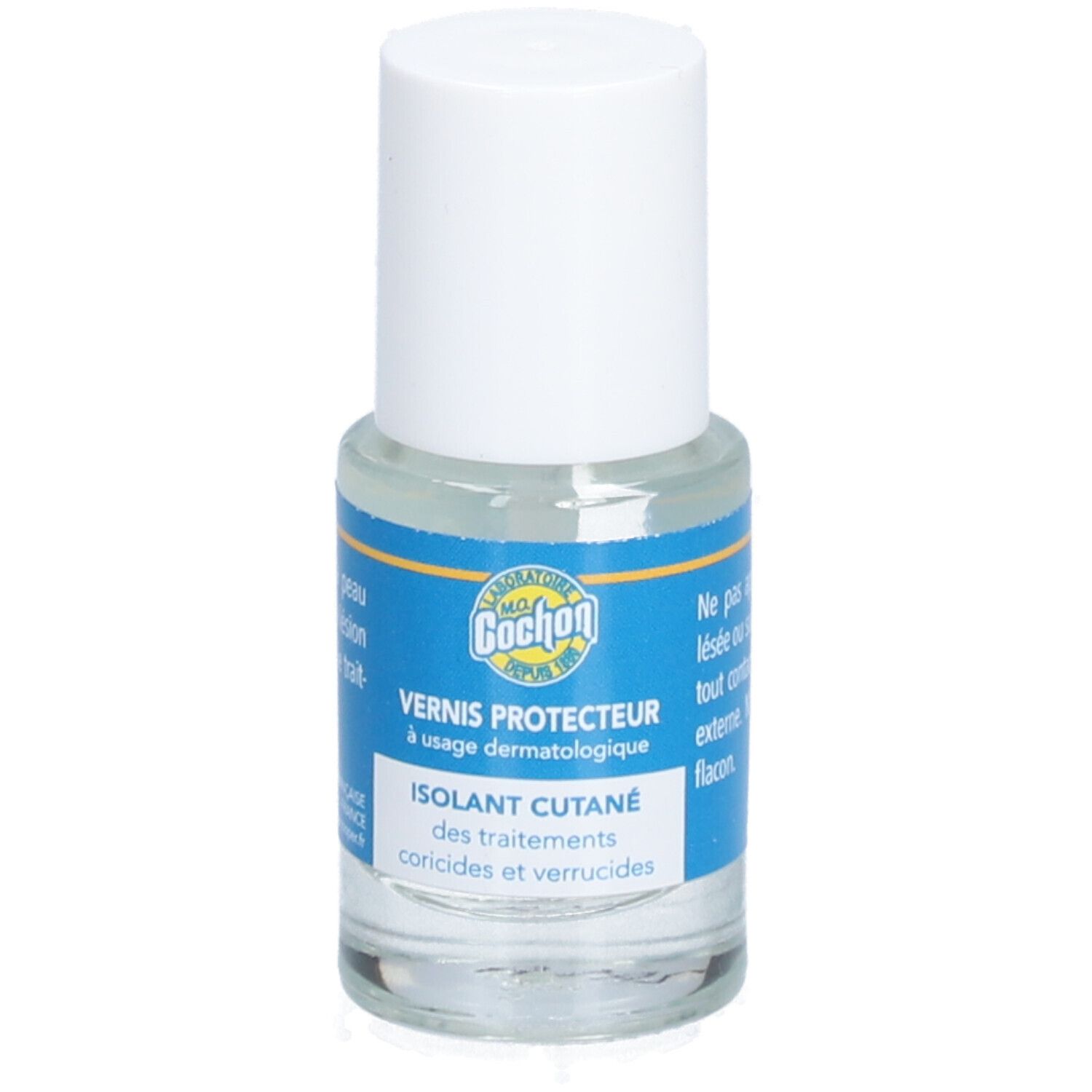 Flacon en verre transparent avec bouchon blanc. Étiquette bleue avec texte. Nom du produit: Vernis Protecteur.