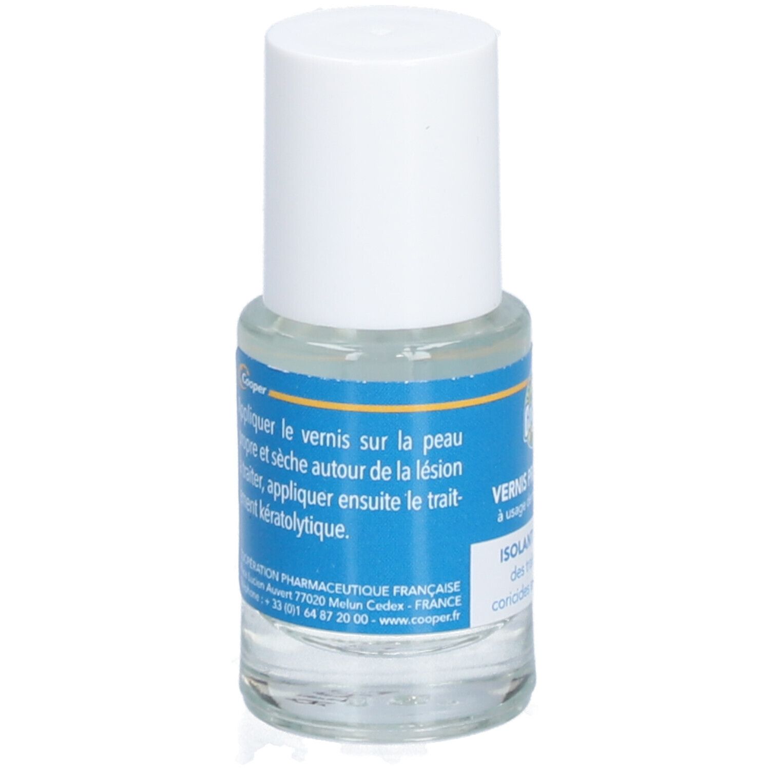 Flacon en verre transparent avec bouchon blanc. Étiquette bleue avec texte. Nom du produit: Vernis Protecteur.