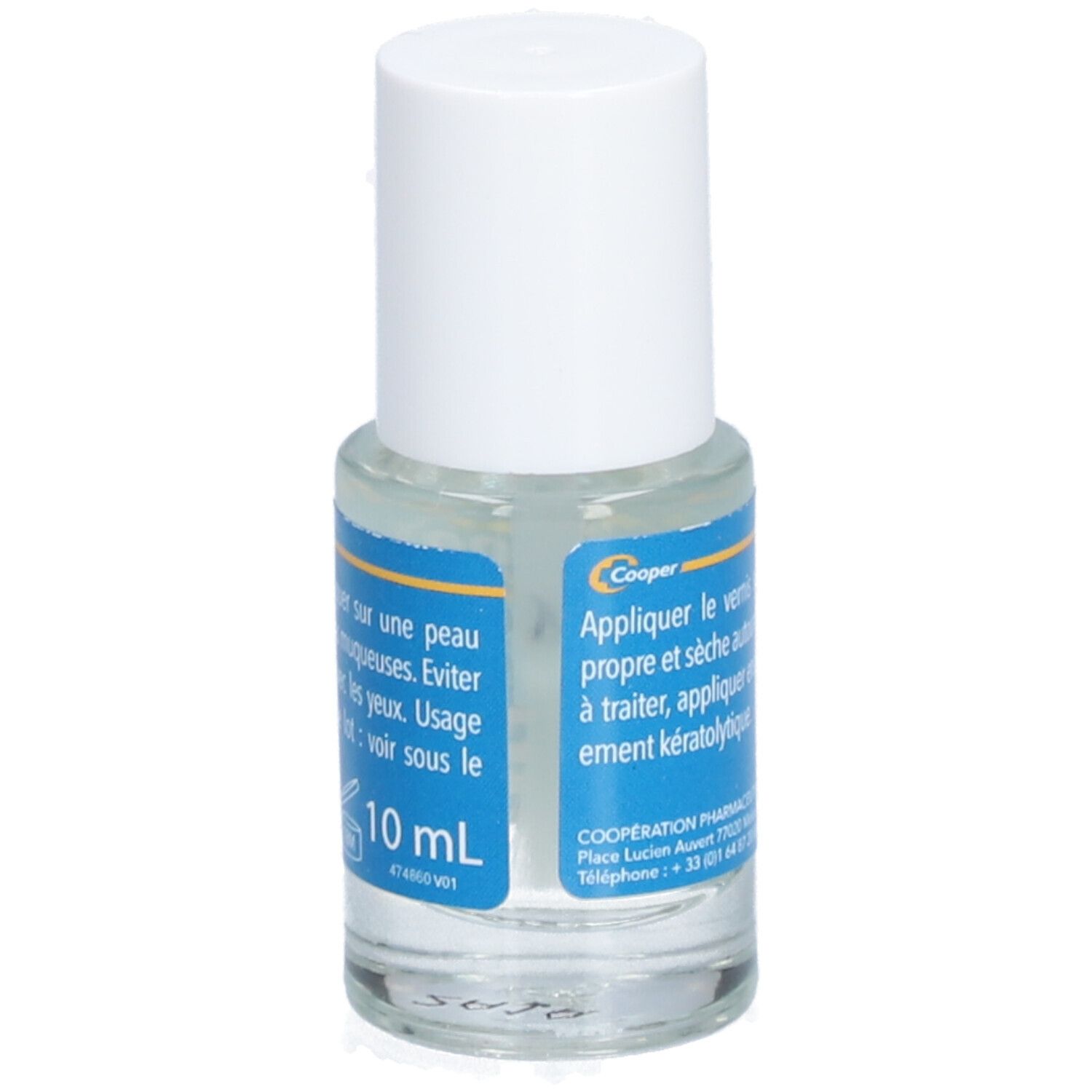 Flacon en verre transparent avec bouchon blanc. Étiquette bleue avec texte. Nom du produit: Vernis Protecteur.
