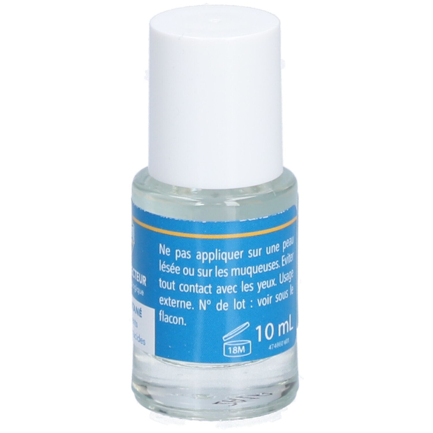 Flacon en verre transparent avec bouchon blanc. Étiquette bleue avec texte. Nom du produit: Vernis Protecteur.
