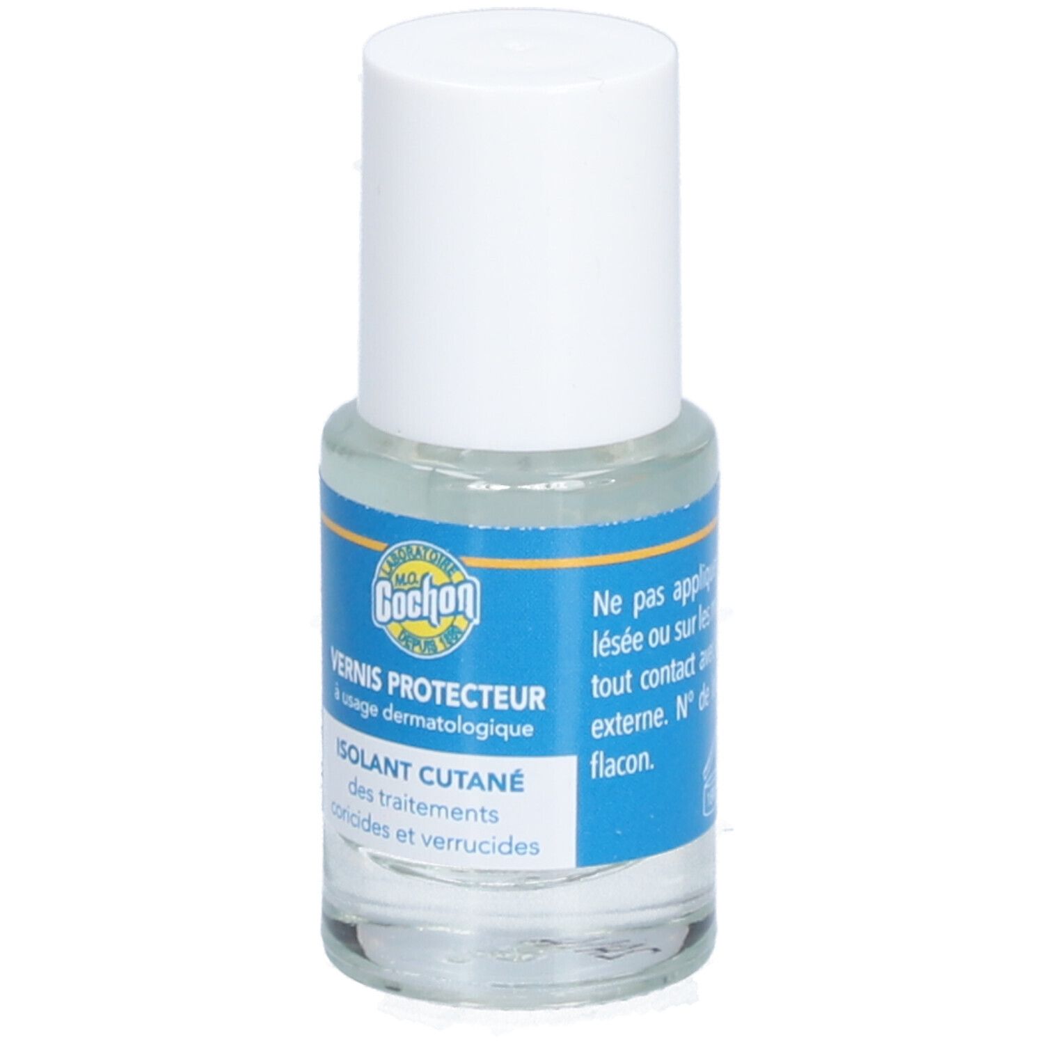 Flacon en verre transparent avec bouchon blanc. Étiquette bleue avec texte. Nom du produit: Vernis Protecteur.