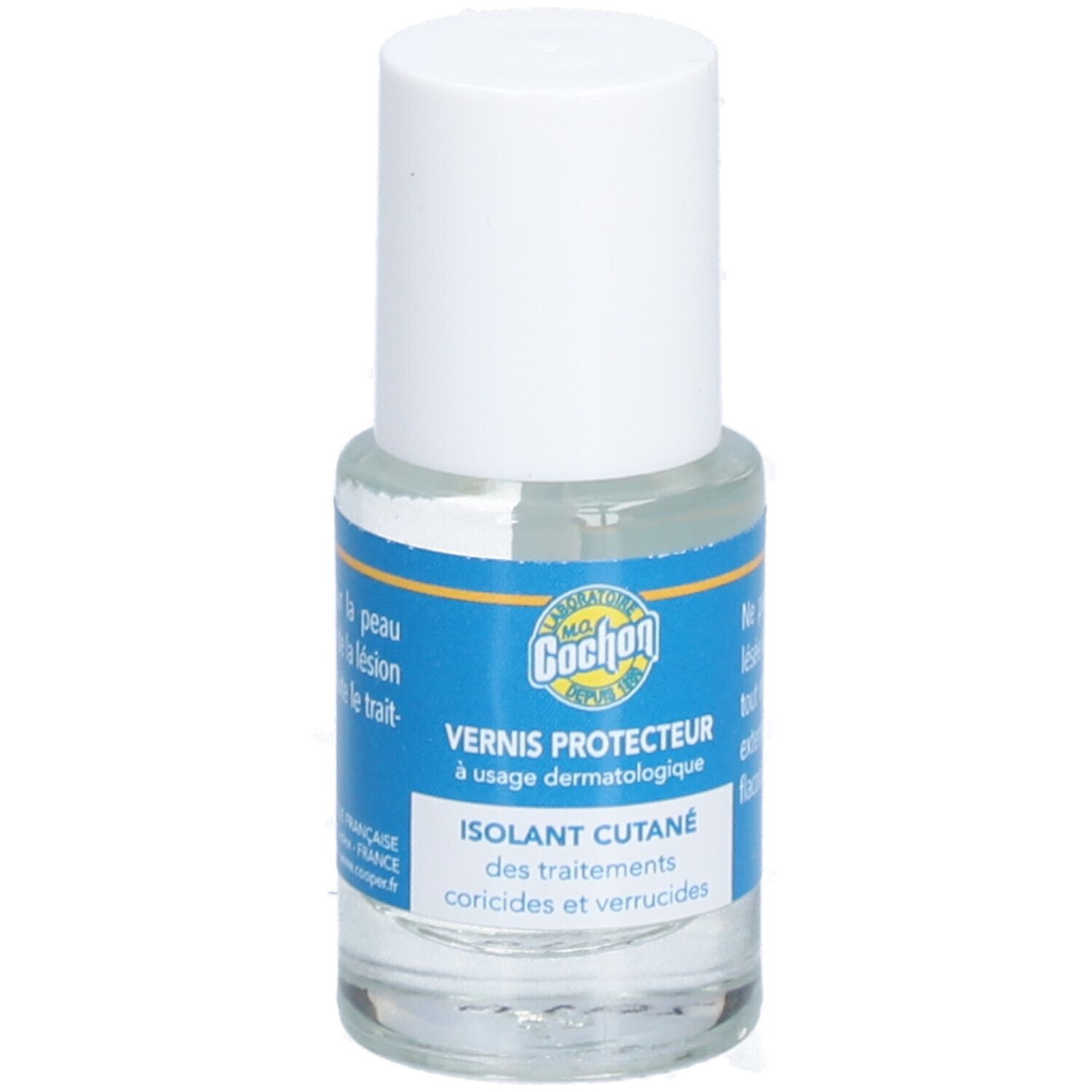 Flacon en verre transparent avec bouchon blanc. Étiquette bleue avec texte. Nom du produit: Vernis Protecteur.