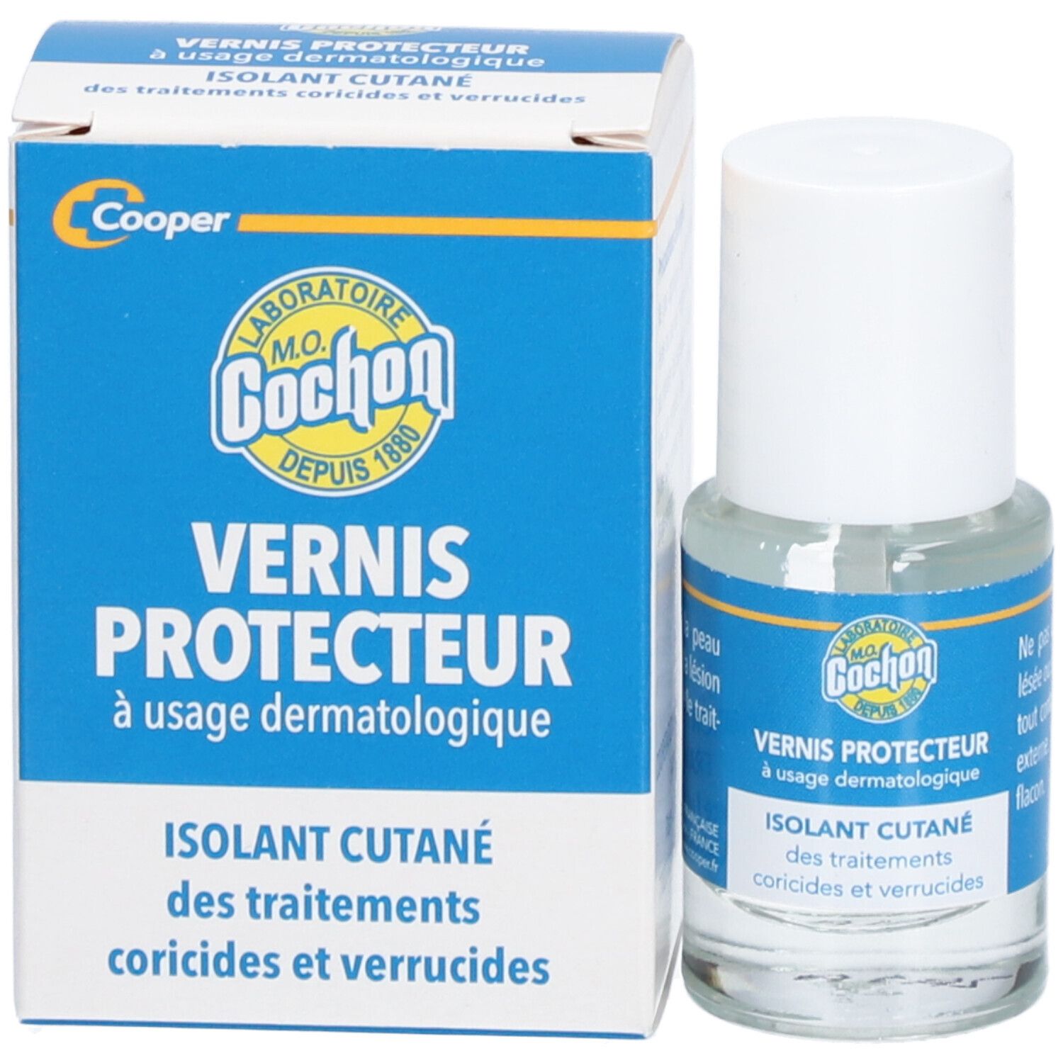 Flacon en verre avec bouchon blanc et boîte. Nom du produit: Vernis Protecteur. Emballage bleu avec texte blanc.