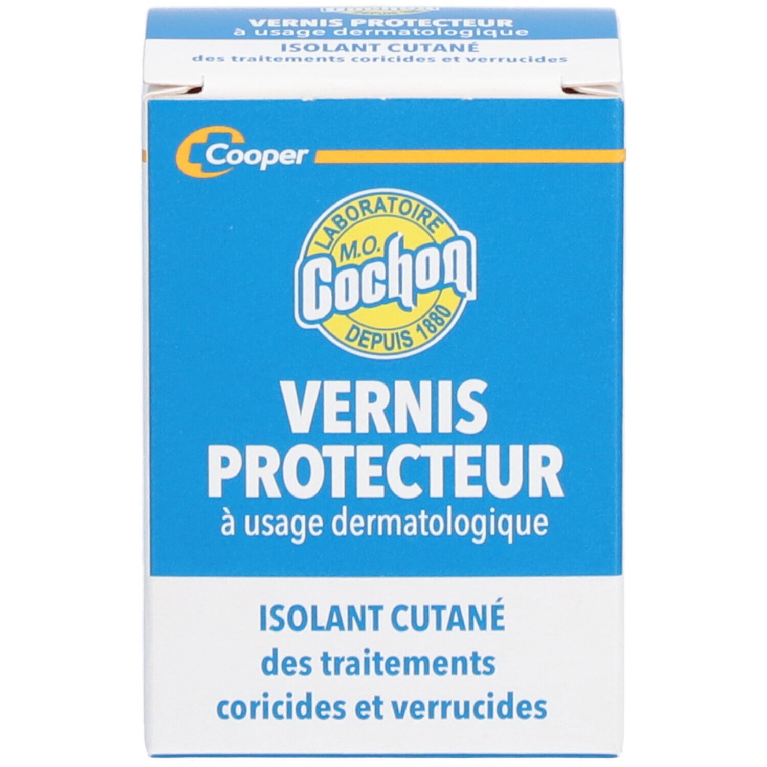 Boîte bleue avec texte blanc. Nom du produit: Vernis Protecteur. Marque: Cooper. Pour cors et verrues.