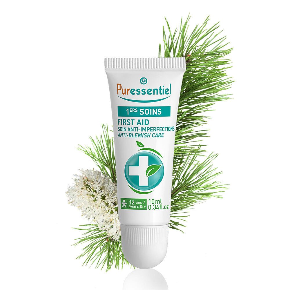 Tube de crème avec plantes. Inscription : Puressentiel 1. SOINS Anti-imperfections. 10 ml.