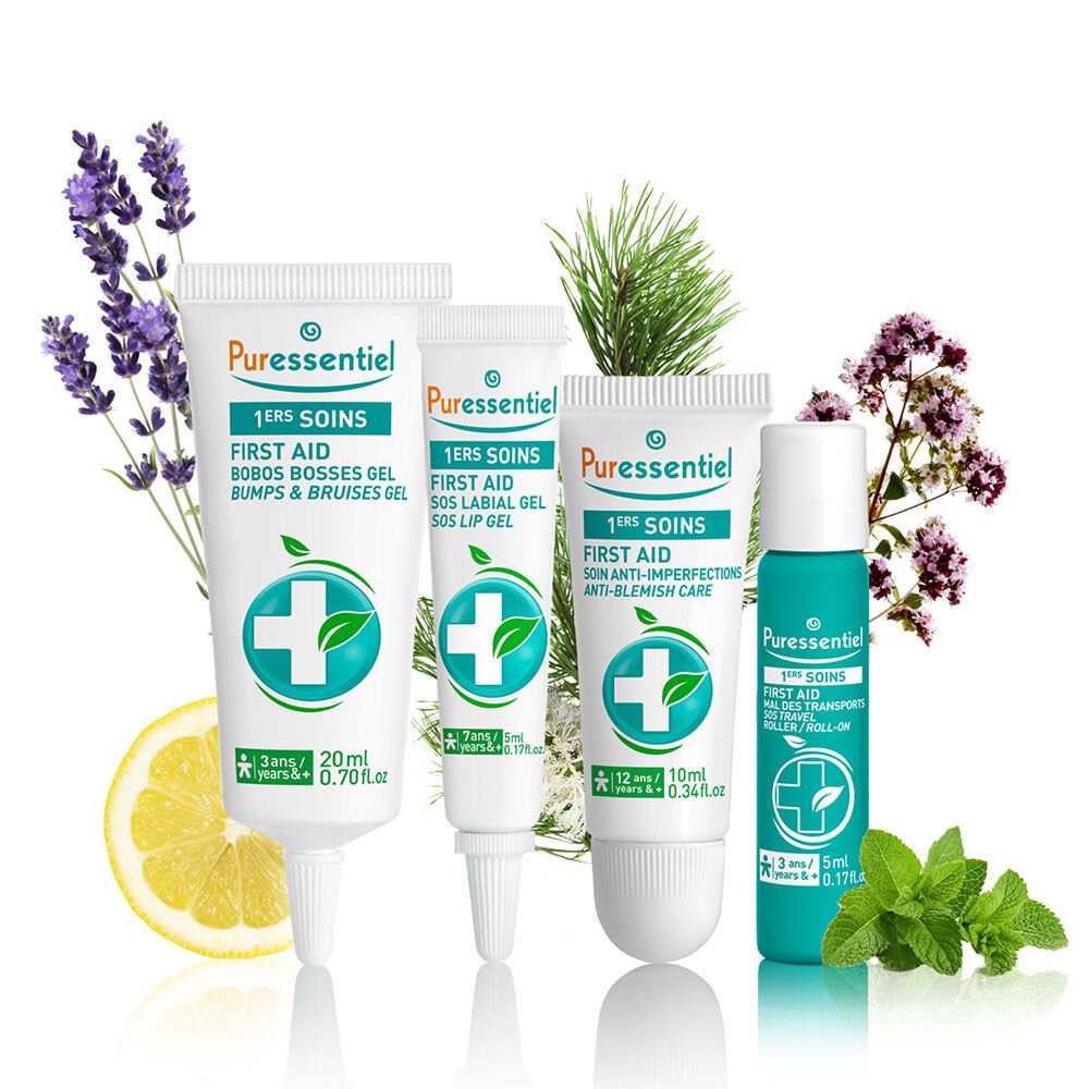 Quatre tubes et plantes. Inscription : Puressentiel 1. SOINS. Anti-imperfections, Bobos, Lèvres. 10 ml, 20 ml, 5 ml.