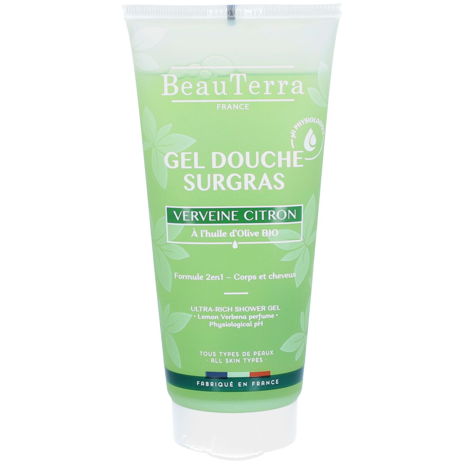 Durchsichtige Tube mit grünem Duschgel. Aufschrift: BeauTerra, Gel Douche Surgras, Verveine Citron. Mit Olivenöl.