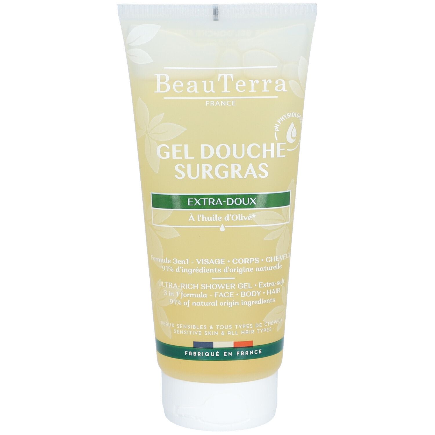 Tube beige avec texte "BeauTerra" et "Gel Douche Surgras". Bande verte "Extra-Doux".
