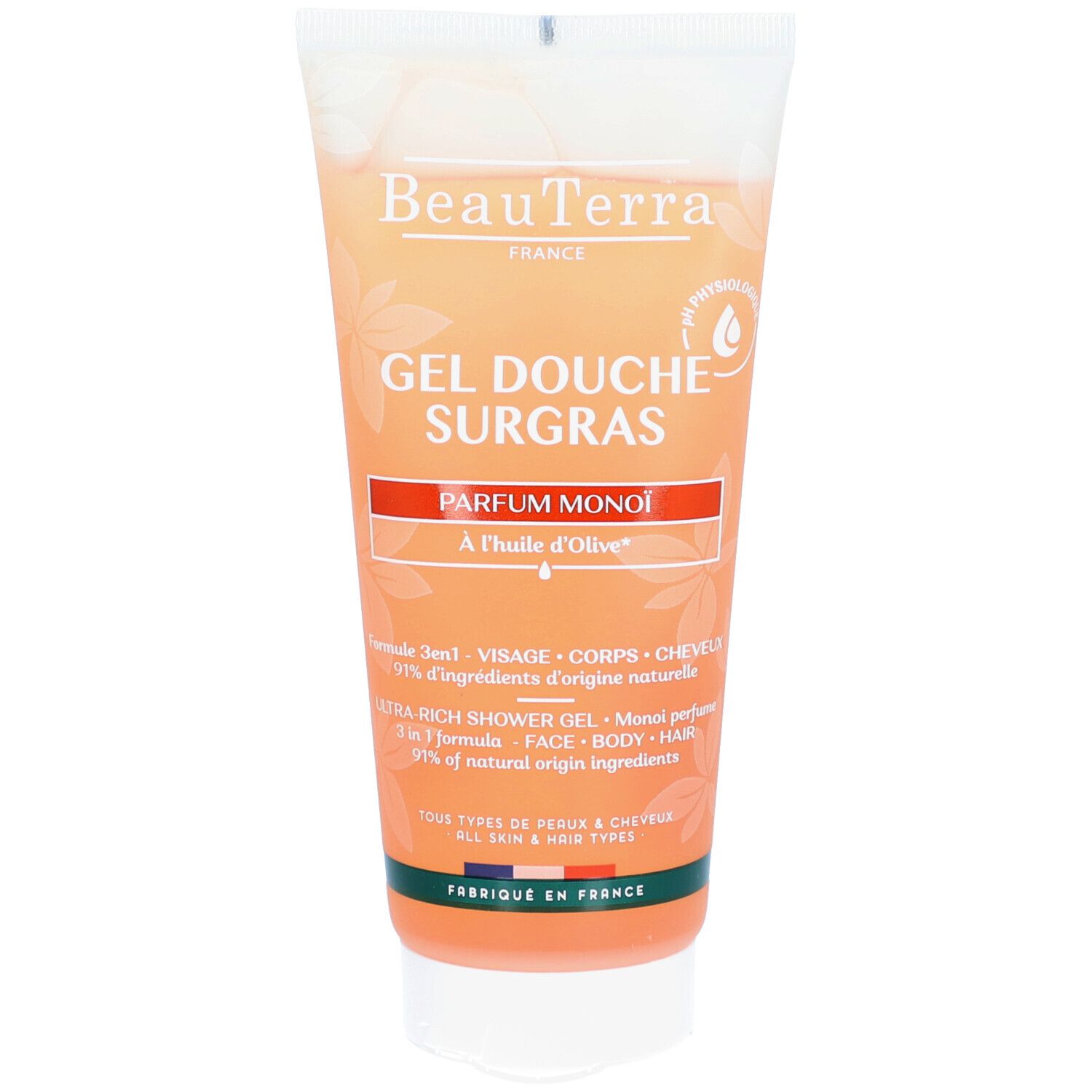 Beige Tube. Aufschrift: BeauTerra, Gel Douche Surgras, Parfum Monoï. Mit Olivenöl. Für Haut und Haar. Französische Herstellung.