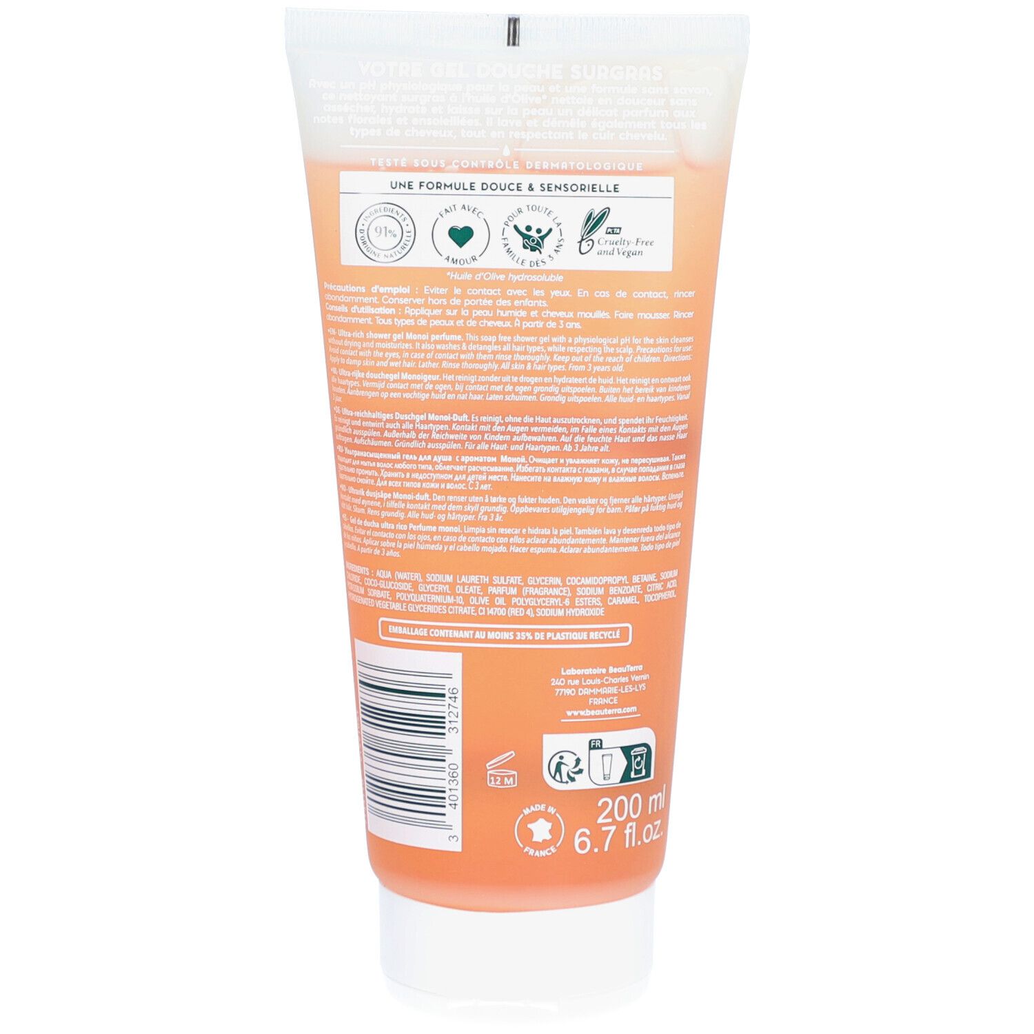 Rückseite einer Tube. Text: Eine sanfte und sensible Formel. Mit Logos für Umweltfreundlichkeit. 200 ml, 6.7 fl.oz.