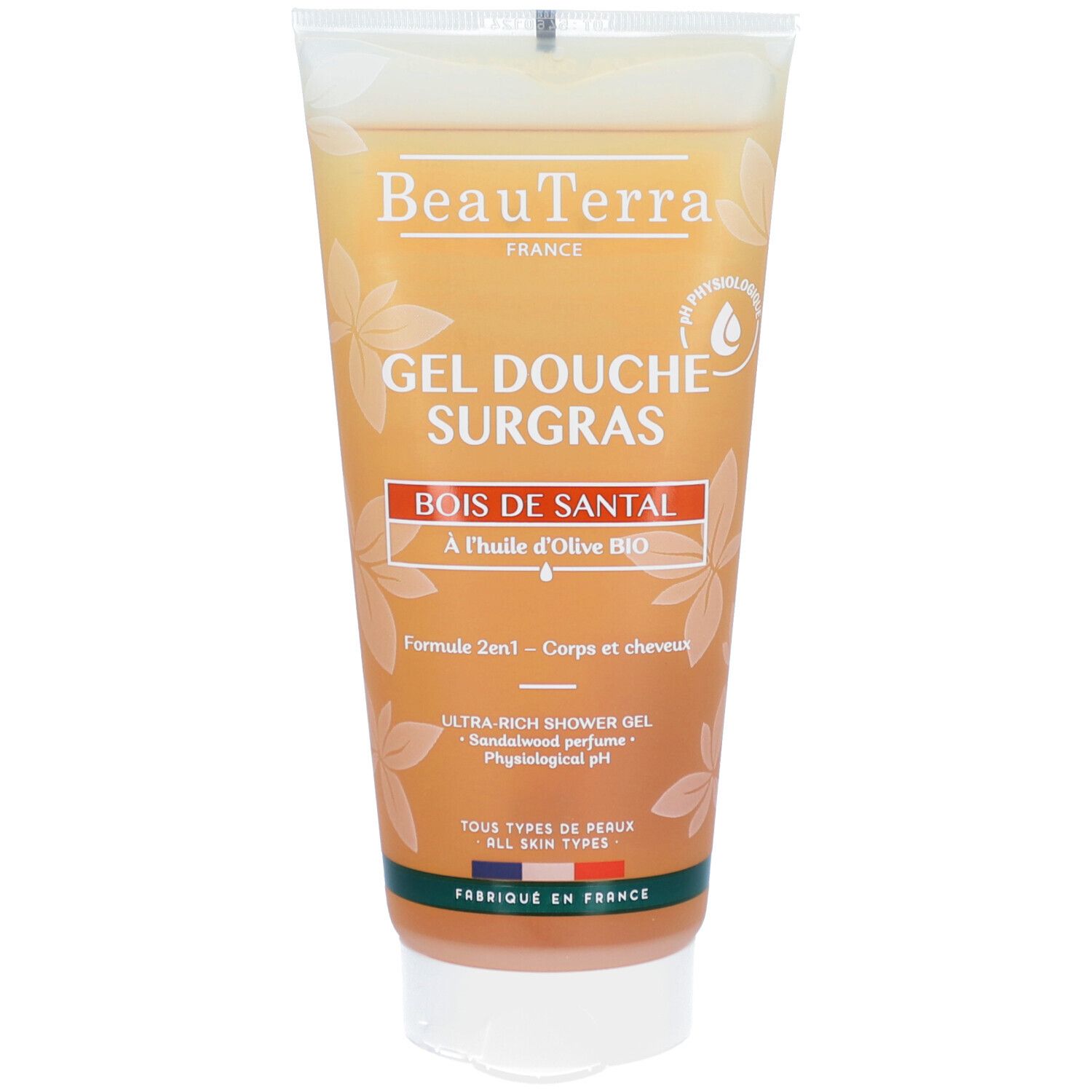 Beige Tube mit Produktnamen und Schriftzug. "Bois de Santal" und "A l'huile d'olive BIO" sind sichtbar.