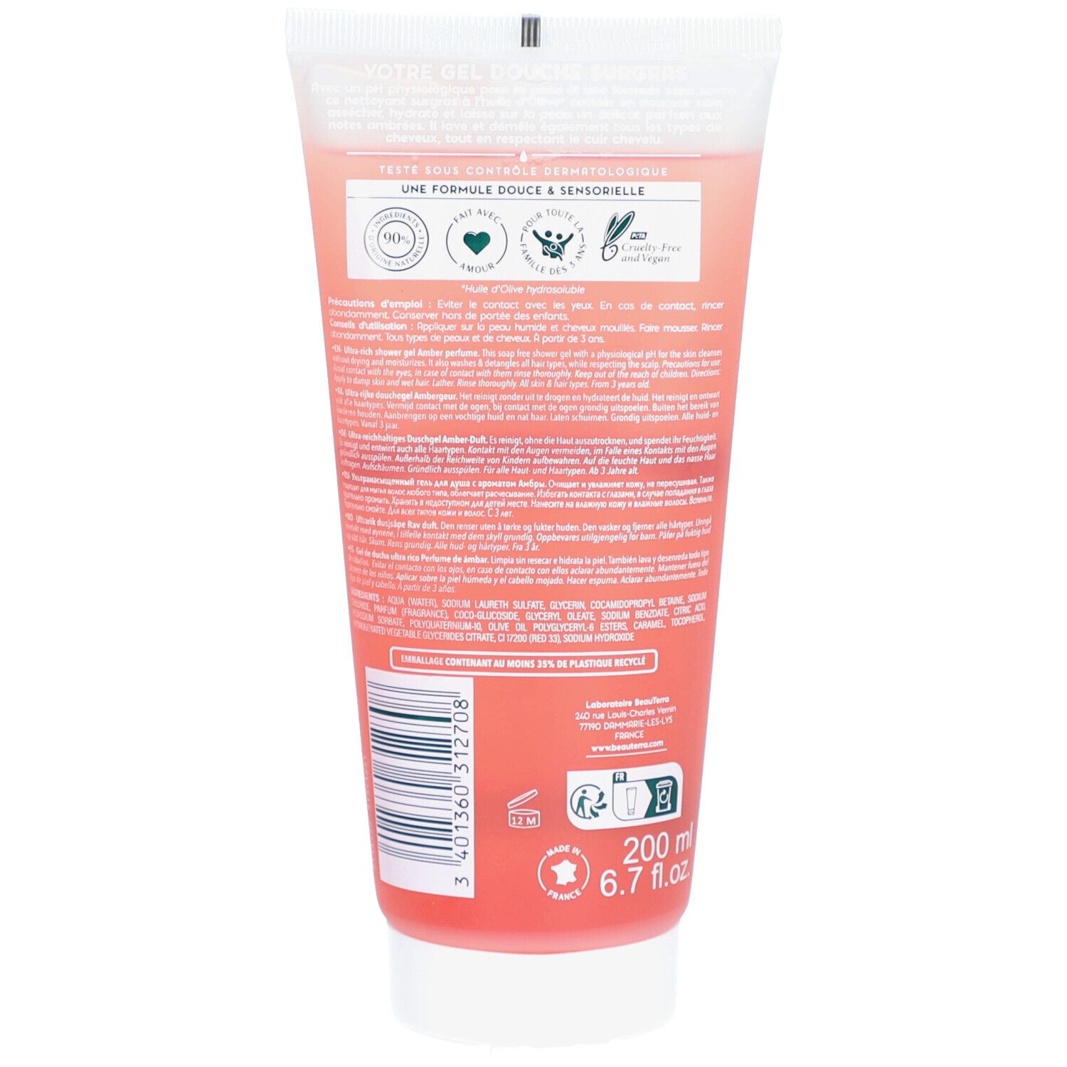 Rückseite der Tube. Text in Französisch. Logos und Informationen zur Zusammensetzung. 200 ml.