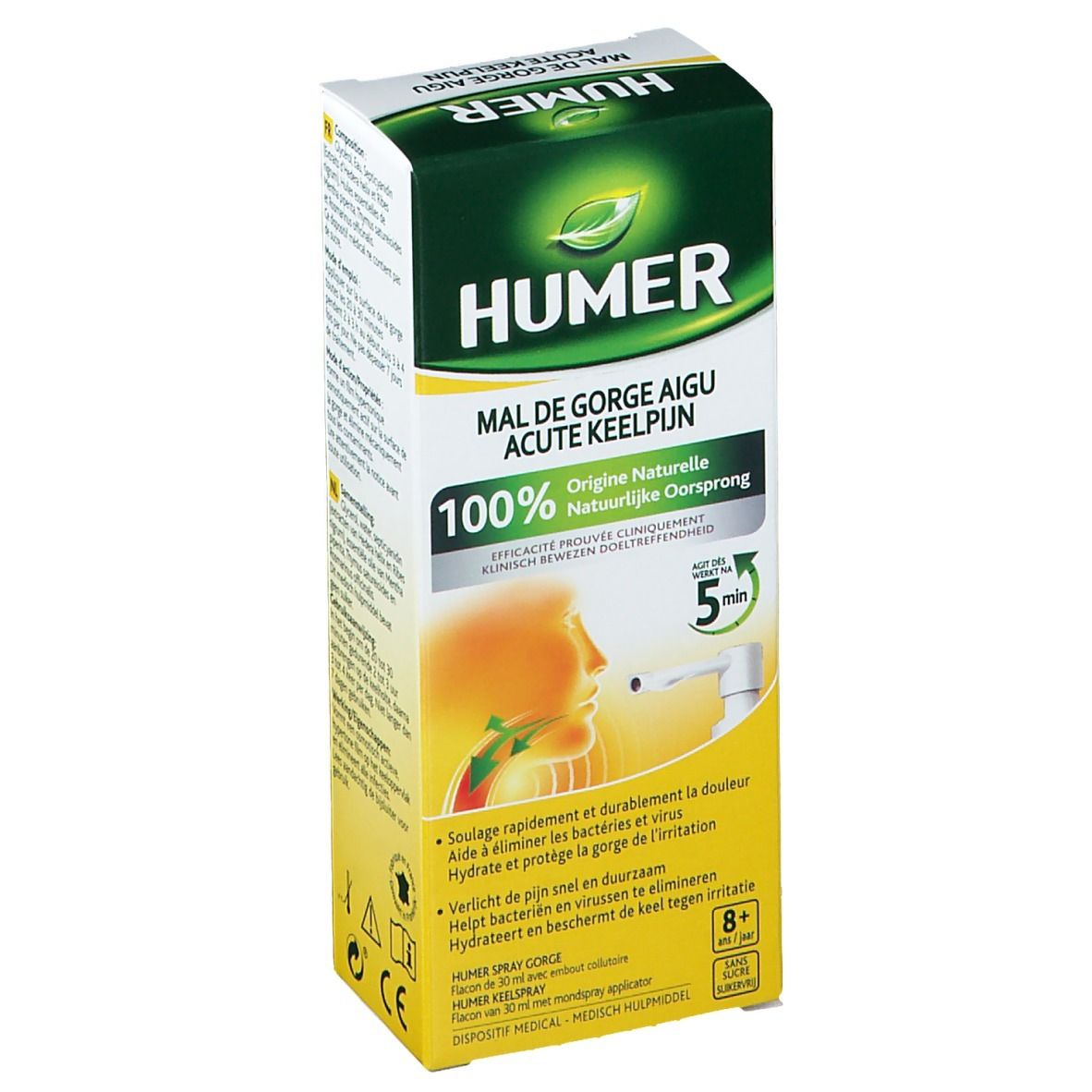 Boîte Humer Spray Gorge. Emballage vert et blanc avec nom et logo du produit. 100% origine naturelle.
