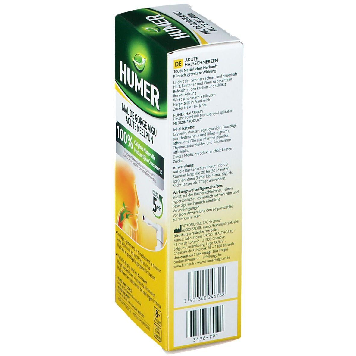 Dos de la boîte Humer Spray Gorge. Texte avec ingrédients et instructions d'utilisation. Code-barres.