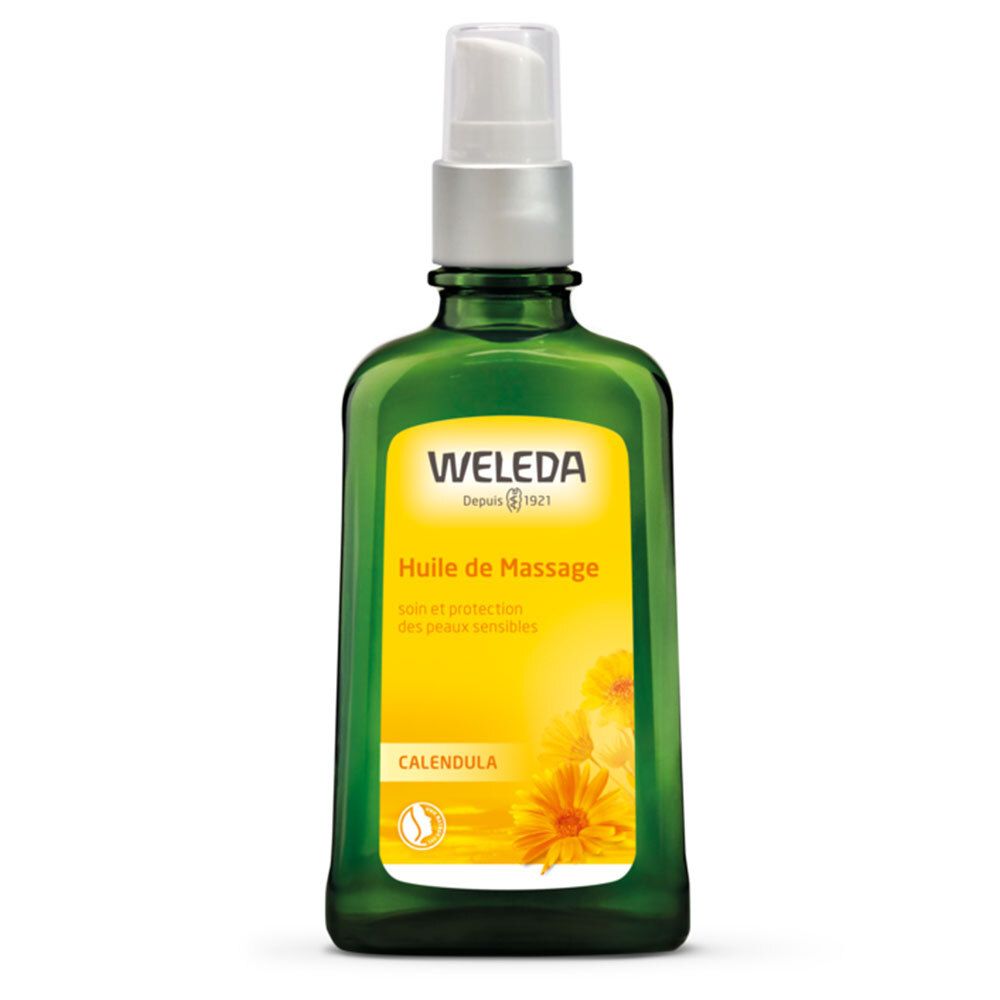 Flacon en verre vert avec vaporisateur. Nom du produit et ingrédients. Huile de massage Calendula.