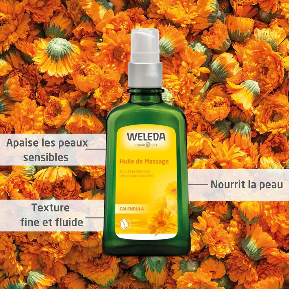 Flacon vert avec vaporisateur, entouré de fleurs de calendula. Nom du produit et ingrédients.