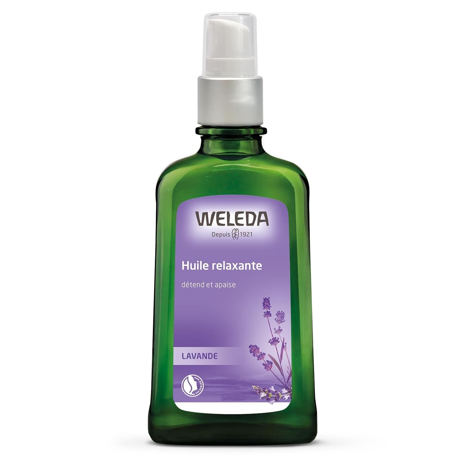 Weleda Lavendel-Entspannungsöl in grüner Glasflasche mit Sprühkopf. Produktname und Logo.