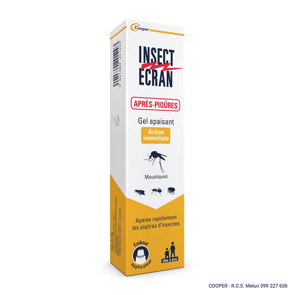 Boîte INSECT ECRAN APRES-PIQURES. Gel apaisant contre les piqûres d'insectes. Action immédiate. Image d'un moustique.