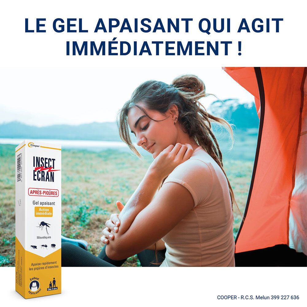 Femme en extérieur touchant son bras. Tube et boîte INSECT ECRAN APRES-PIQURES. Gel contre les piqûres. Action immédiate.