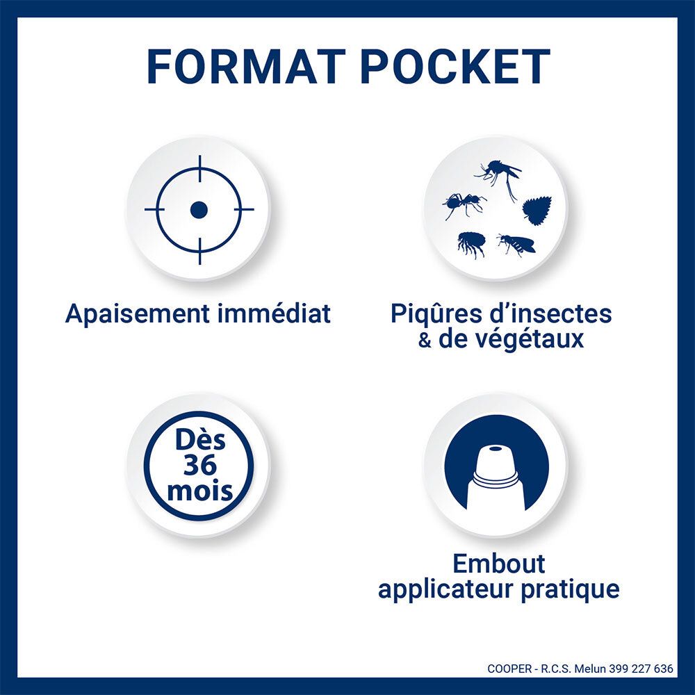 Graphique : Soulagement immédiat, piqûres d'insectes, dès 36 mois, applicateur pratique. INSECT ECRAN APRES-PIQURES.