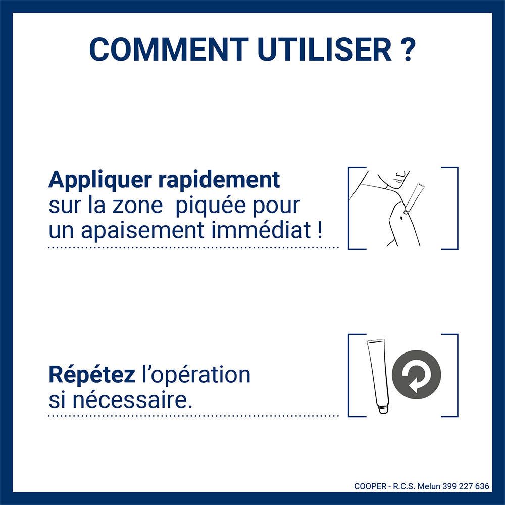 Instructions d'utilisation : Appliquer rapidement sur la zone piquée. Répéter si nécessaire. INSECT ECRAN APRES-PIQURES.
