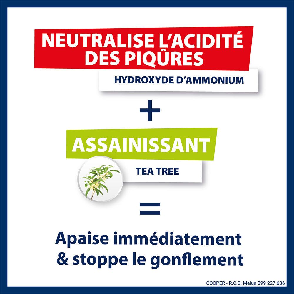 Neutralise l'acidité des piqûres. Hydroxyde d'ammonium + assainissant. Apaise et stoppe le gonflement. INSECT ECRAN.