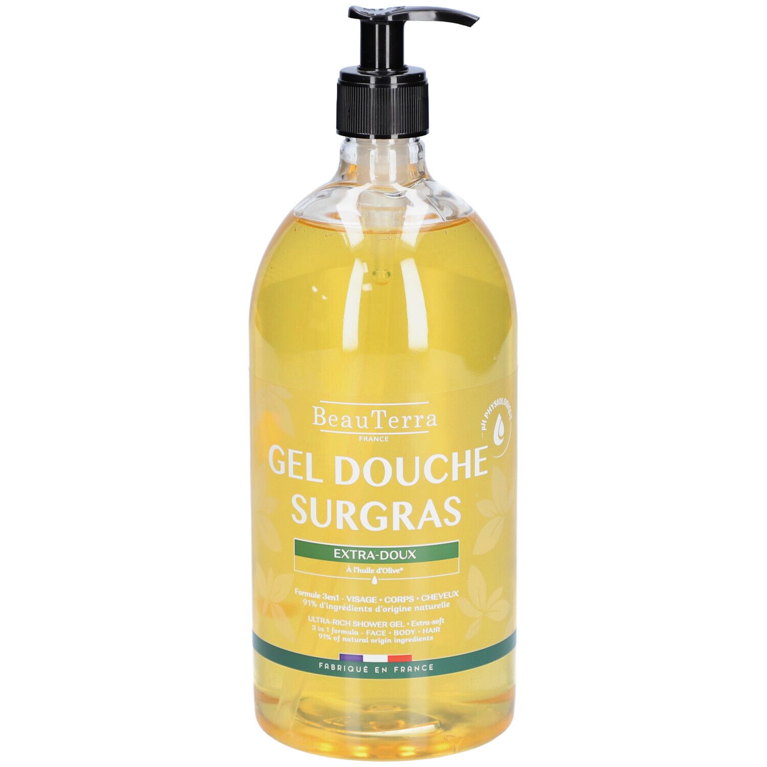 Flacon transparent avec pompe noire. Inscription: BeauTerra Gel Douche Surgras. Extra-Doux. Fabriqué en France.