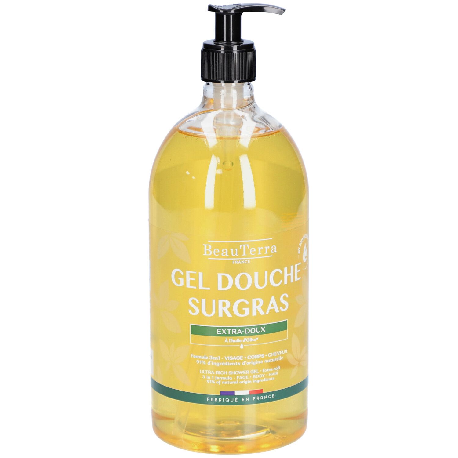 Flacon transparent avec pompe noire. Inscription: BeauTerra Gel Douche Surgras. Extra-Doux. Fabriqué en France.