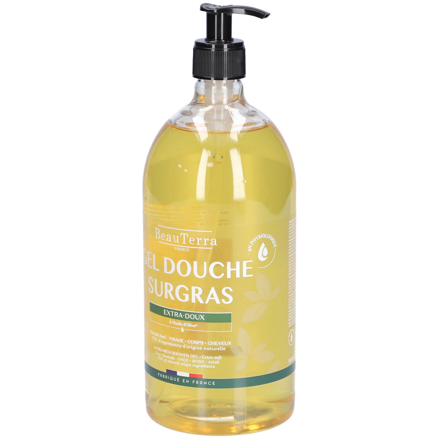 Flacon transparent avec pompe noire. Inscription: BeauTerra Gel Douche Surgras. Extra-Doux. Fabriqué en France.