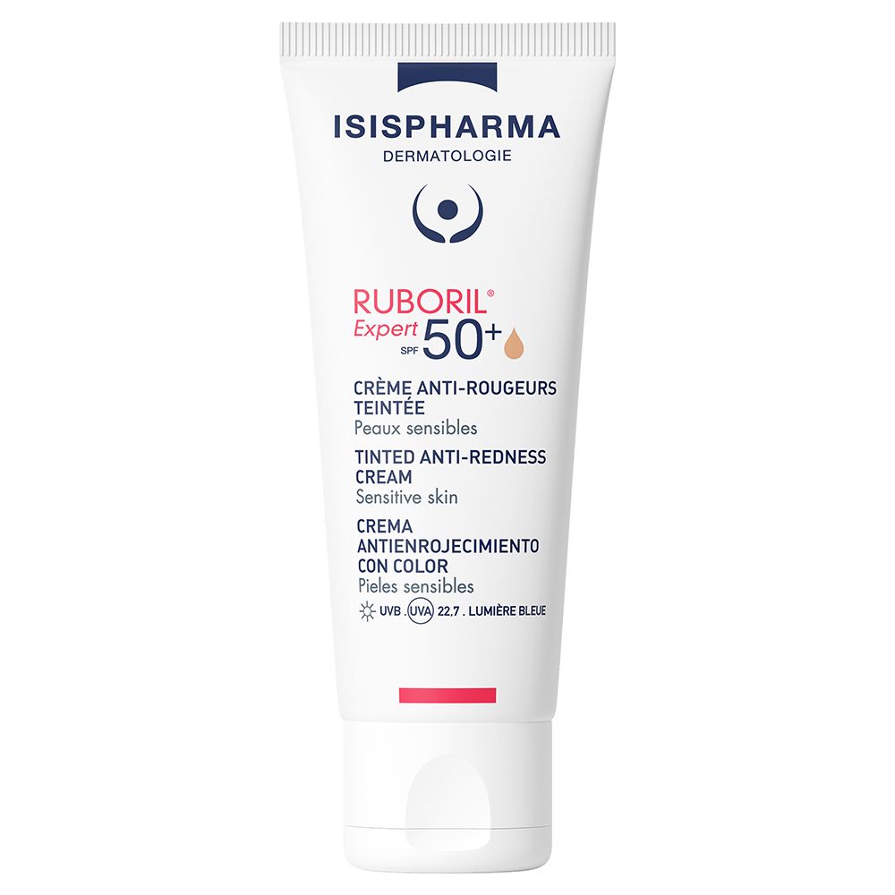 Weiße Tube mit ISISPHARMA-Logo und Ruboril Expert SPF50+. Text: Crème anti-rougeurs teintée, Peaux sensibles. UV-Schutz.
