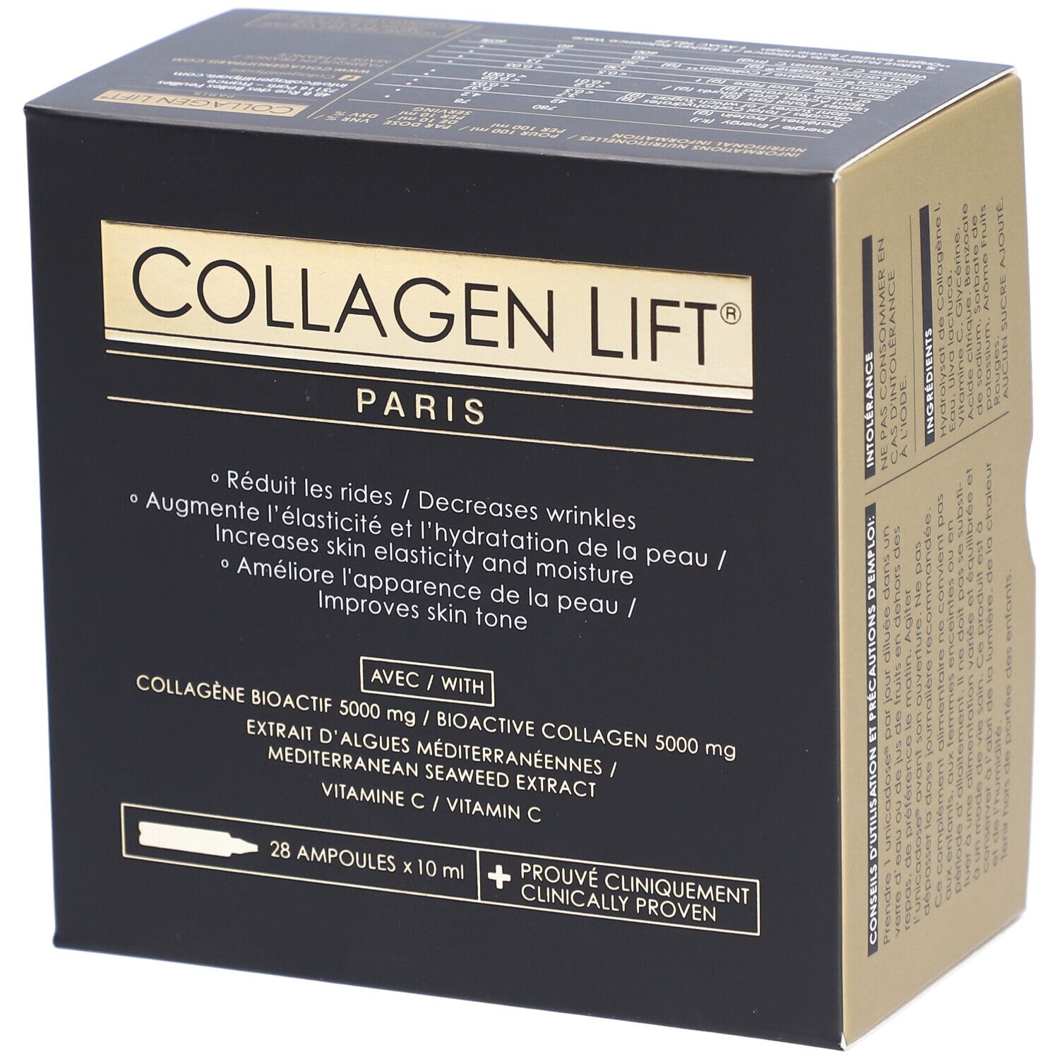 Boîte noire et dorée. Inscription: Collagen Lift Paris. Contient 28 ampoules x 10 ml. Cliniquement prouvé.